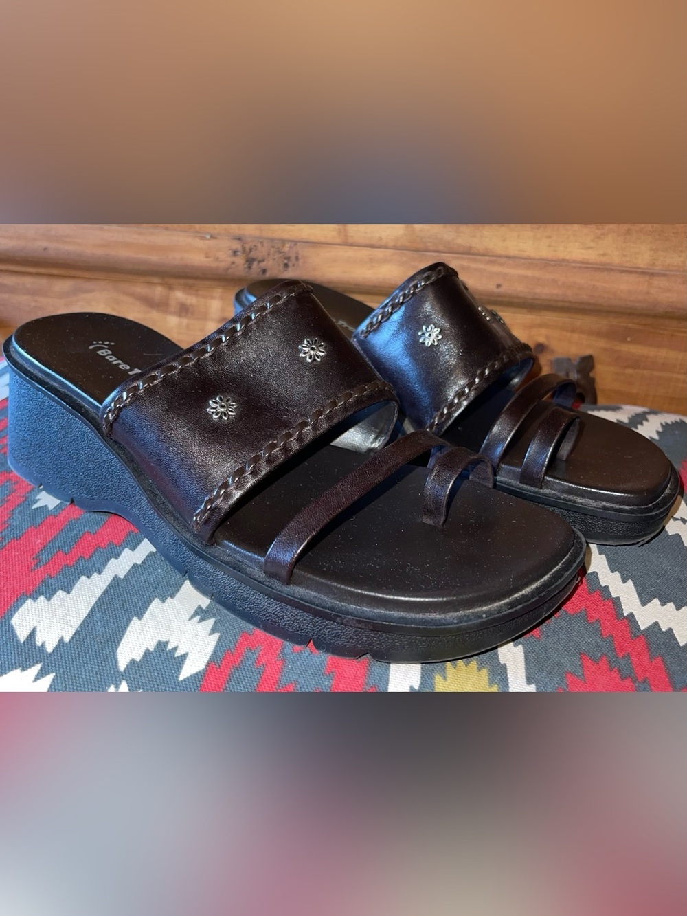 BareTraps Dark Brown Girls' Leather Slide Sandals with Stud Accents